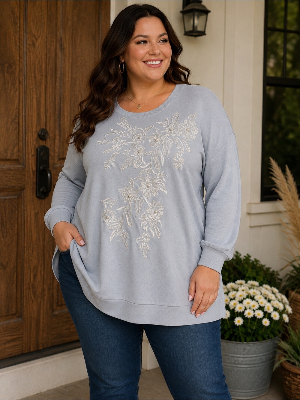 Lane Bryant 22/24 Embroidered Floral Sweatshirt – Light Blue/Gray